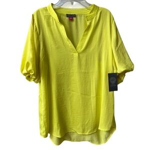 Vince Camuto Hammered Satin Puff Sleeve Blouse Womens Small Bright Lemon NWT